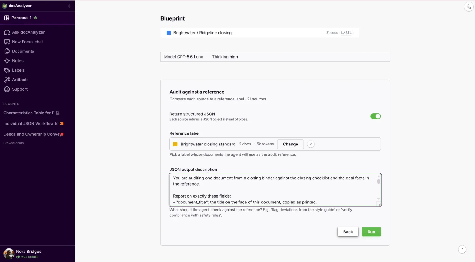Blueprint workflow form with the reference label picked, Return structured JSON on, and the instruction pasted