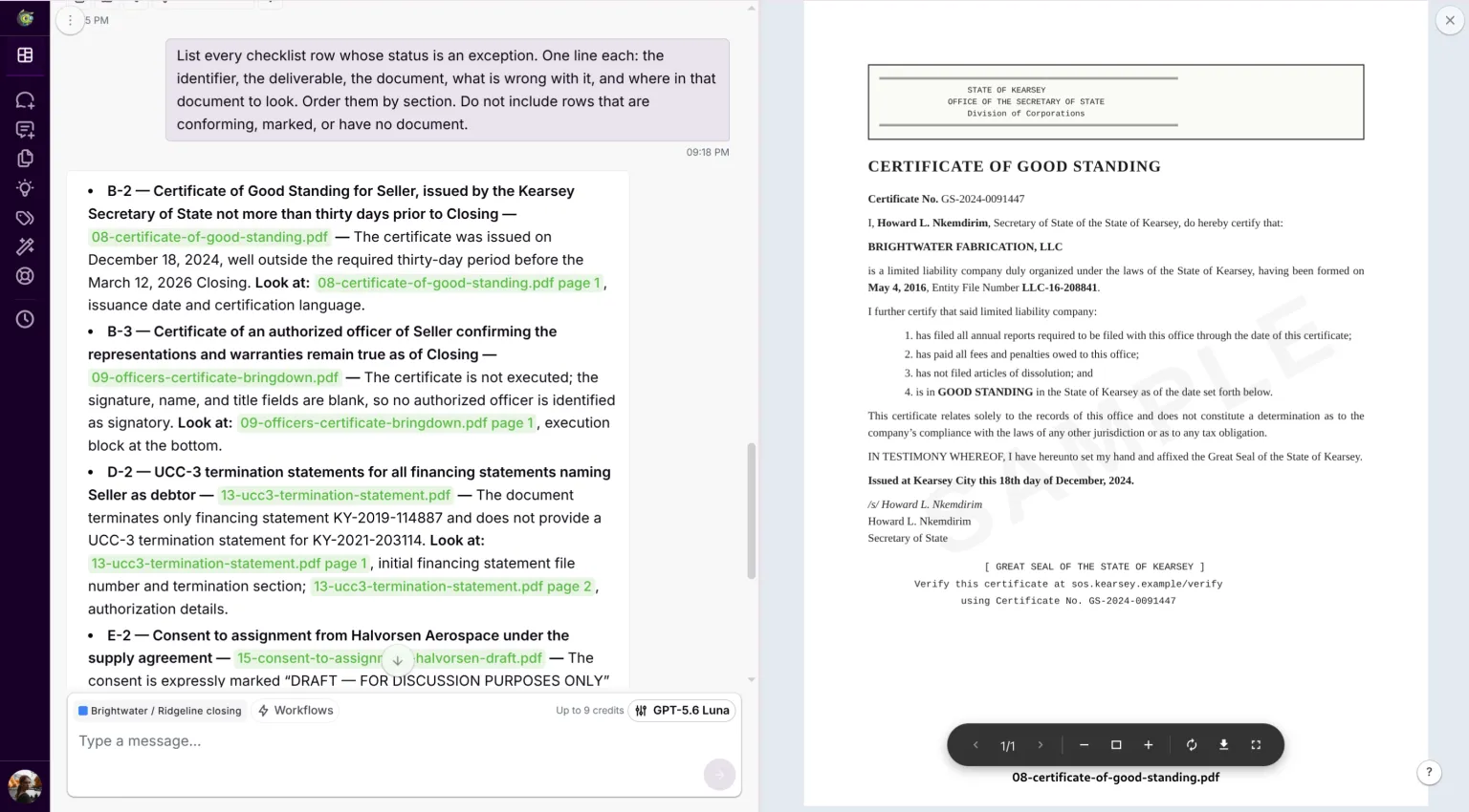 Exception list in the chat beside the cited document open at the page
