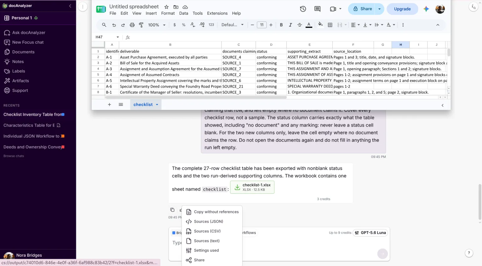 The answer's overflow menu open on Sources JSON, CSV and text