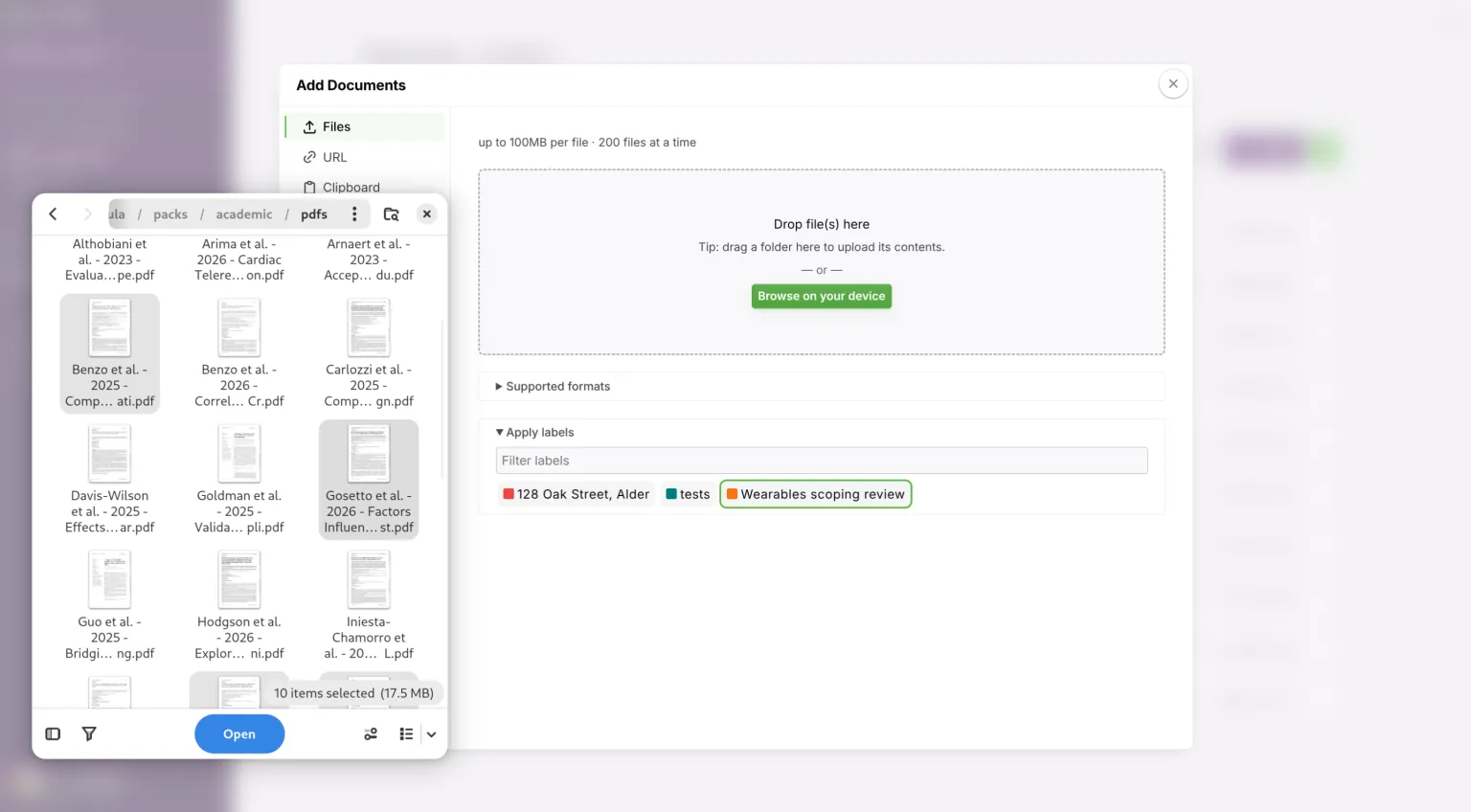 Add Documents panel with reports selected and a label applied