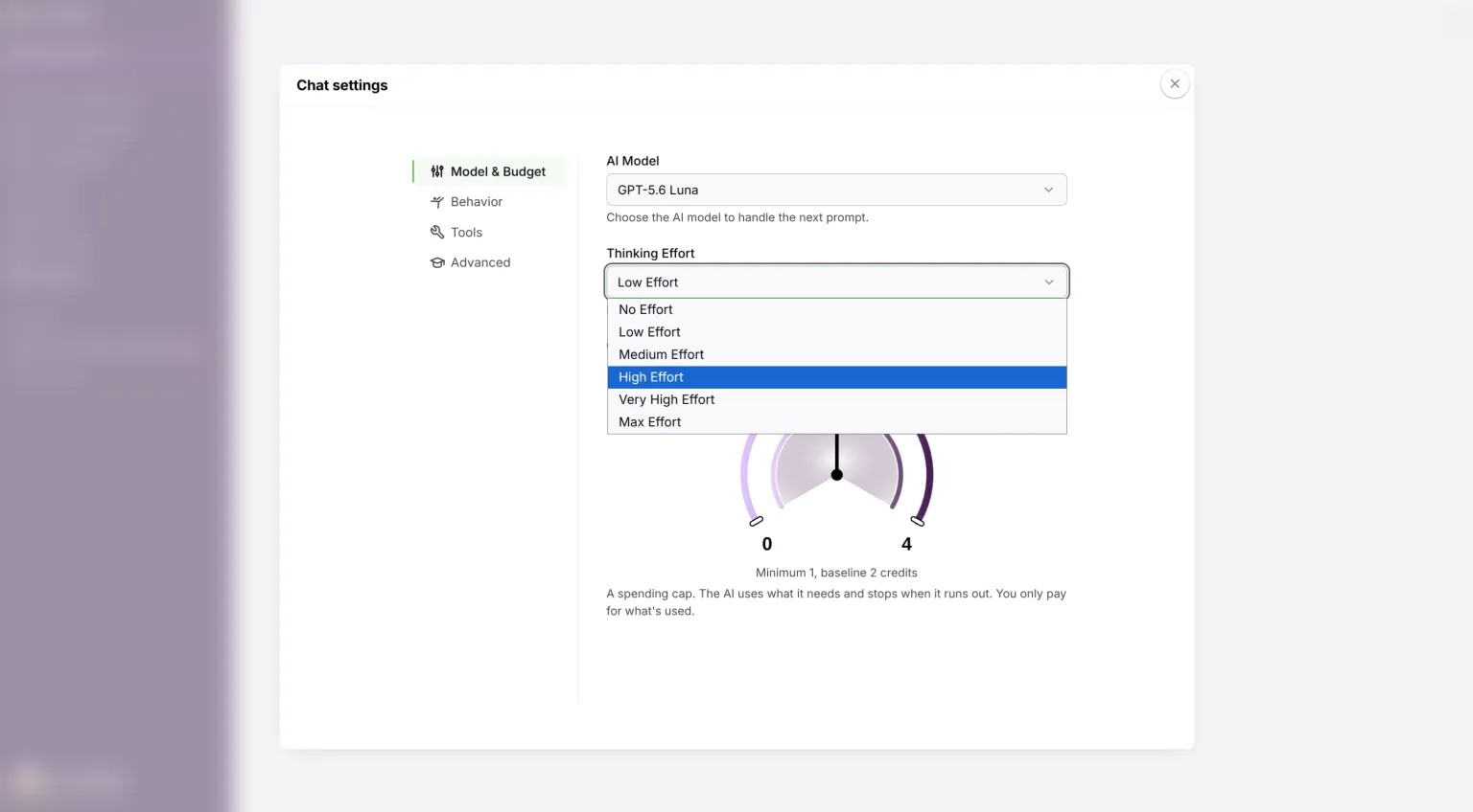 Chat settings panel with Thinking Effort raised