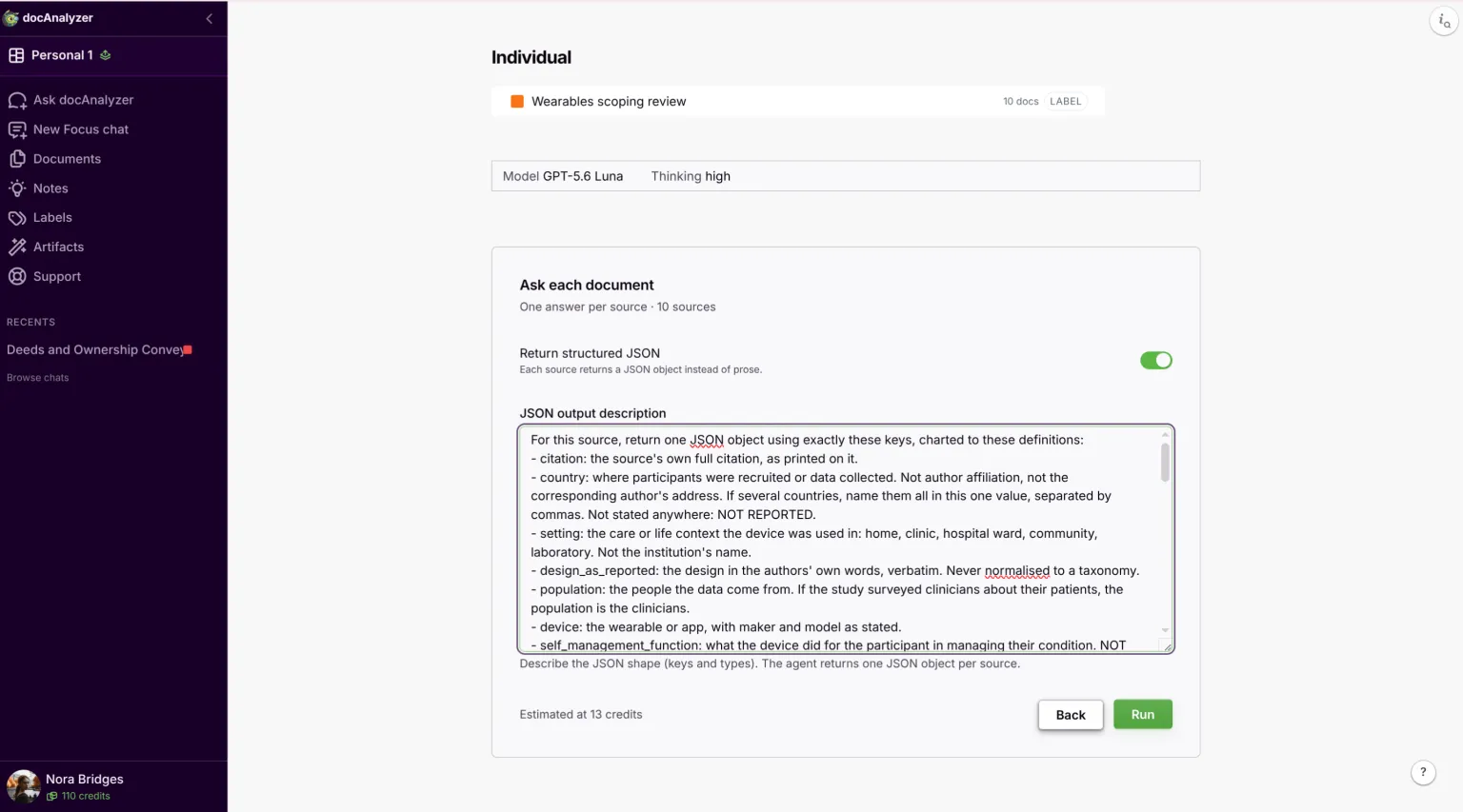 Ask each document with Return structured JSON on, the charting form pasted in, and the run settings summary