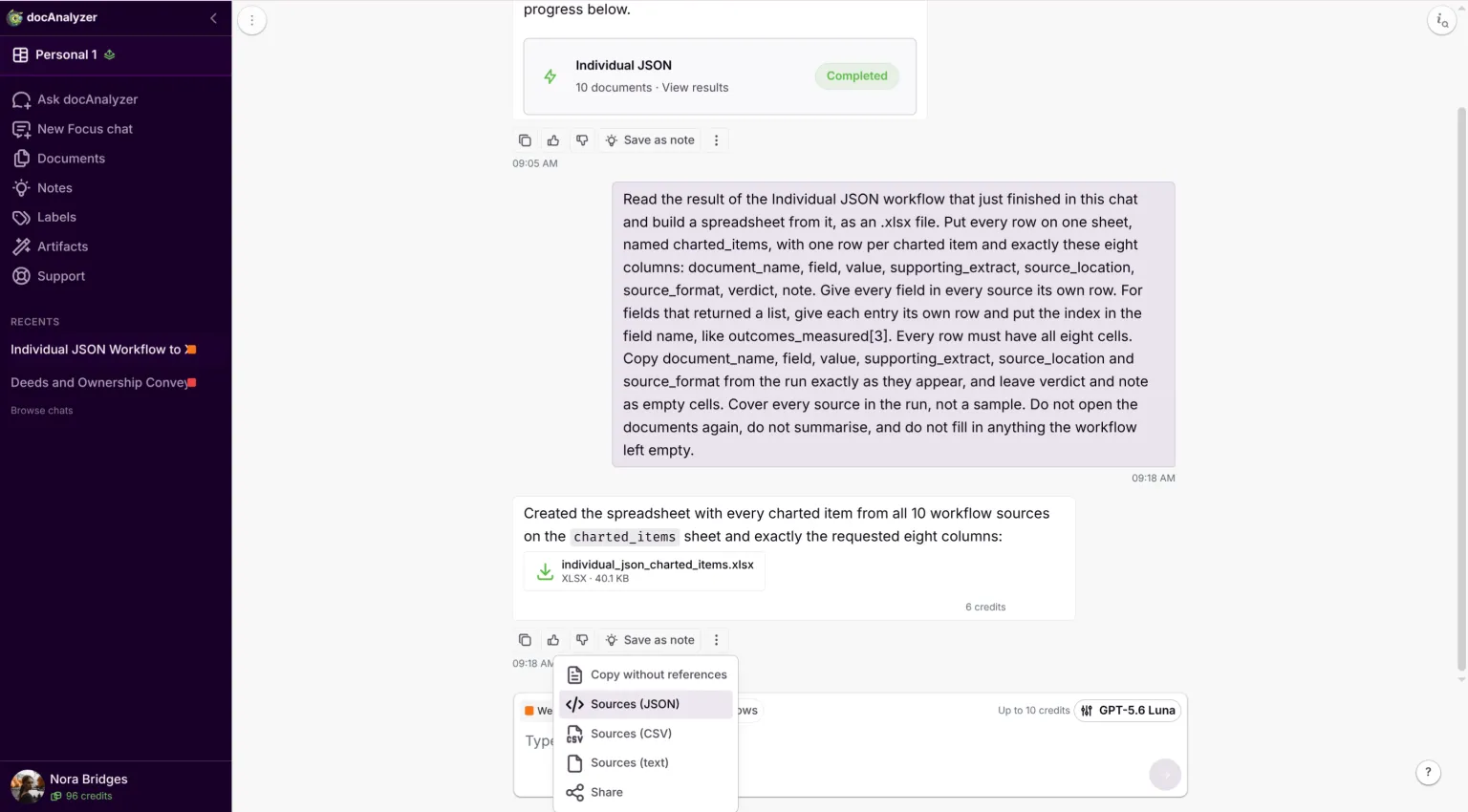 The Sources download menu offering JSON, CSV and text