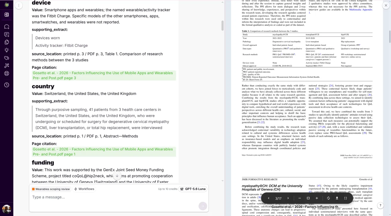 A chat answer with clickable citations beside the source document open at the cited page