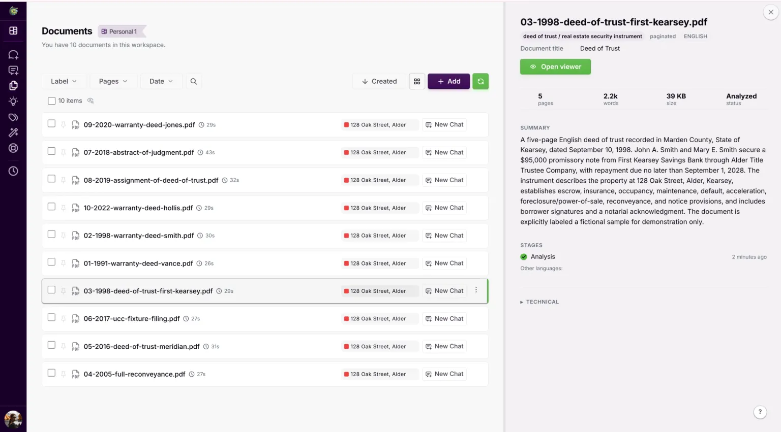 The Documents list with per-instrument rows